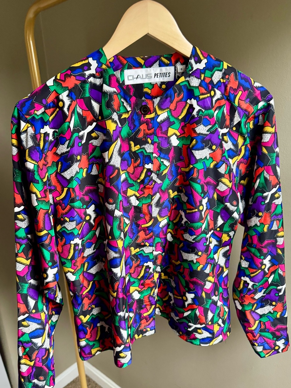Vintage 90s Neon Bright Multicolor Chaus Blouse Button Up Artsy Playful